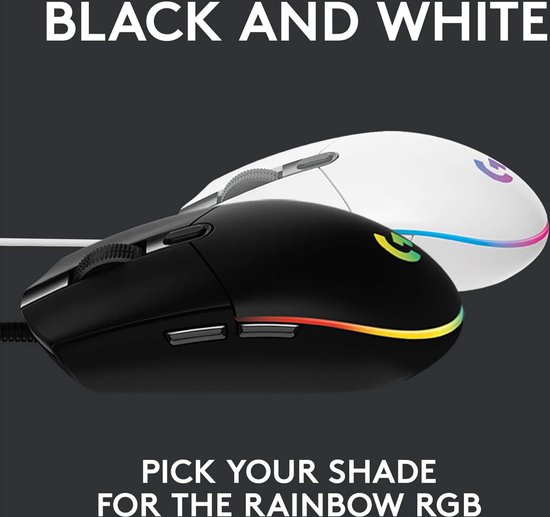 Zwarte en witte Logitech G gamingmuizen naast elkaar, beide met RGB-verlichting.