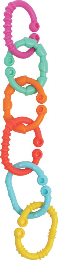 Een verticale ketting van felgekleurde Playgro koppelringen in roze, groen, oranje, blauw en geel met verschillende texturen.