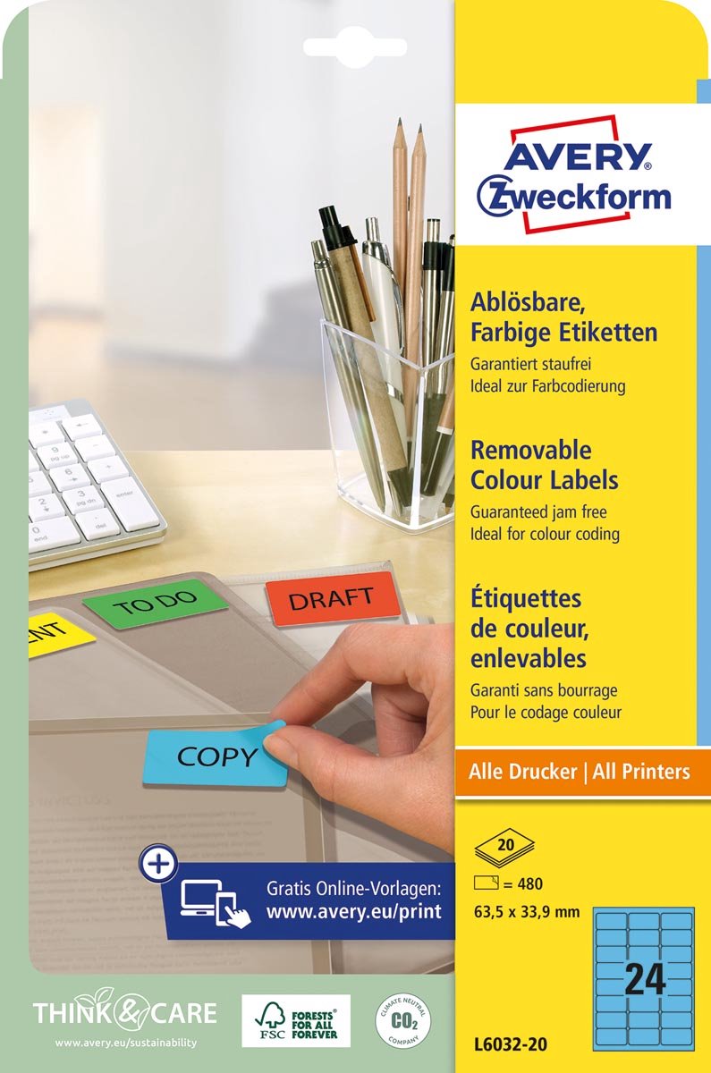 Avery afneembare gekleurde etiketten ft 63,5 x 33,9 mm (b x h), 480 stuks, 24 per blad, blauw 5 stuks