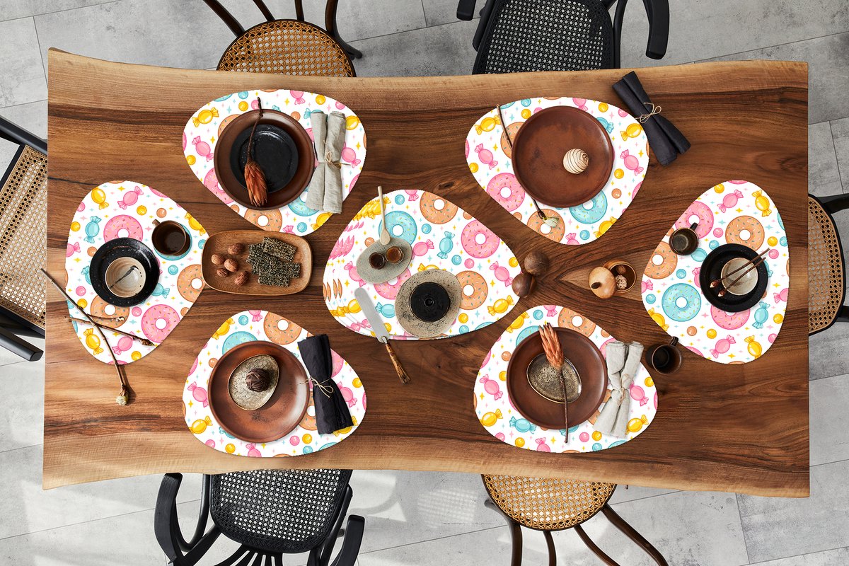 Placemat organisch - Placemats organic - Onderleggers - Snoep - Donuts - Patronen - 10 stuks
