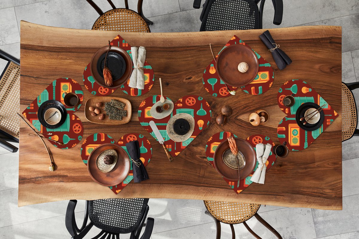 Onderleggers - Placemats - Placemats hartje - Patroon - Retro - Gereedschap - 8 stuks