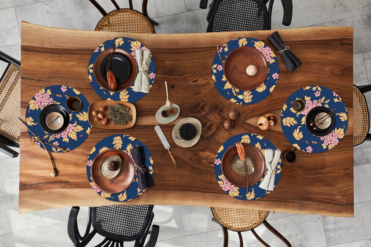 Ronde placemats - Onderlegger - Placemats rond - Bloesem - Bladeren - Roze - Goud - Patronen - 6 stuks