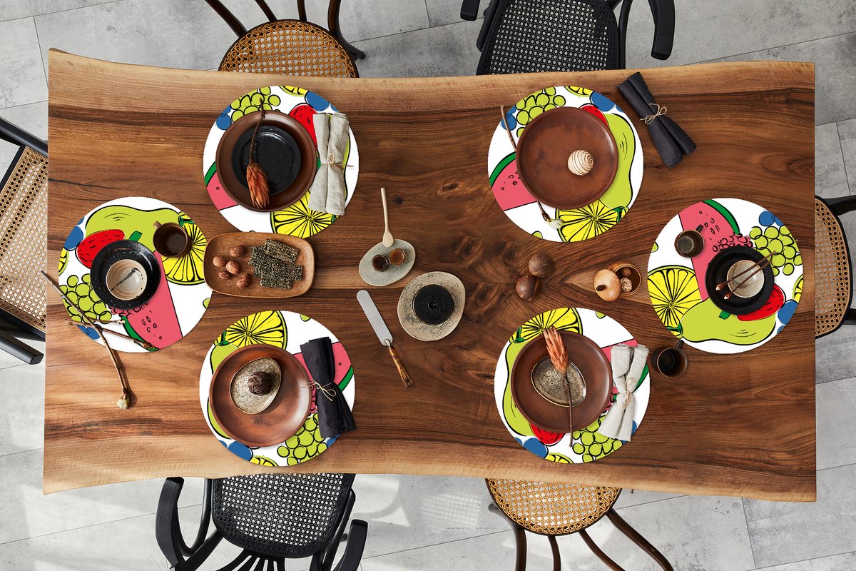 Ronde placemats - Onderlegger - Placemats rond - Fruit - Cartoon - Patroon - 6 stuks