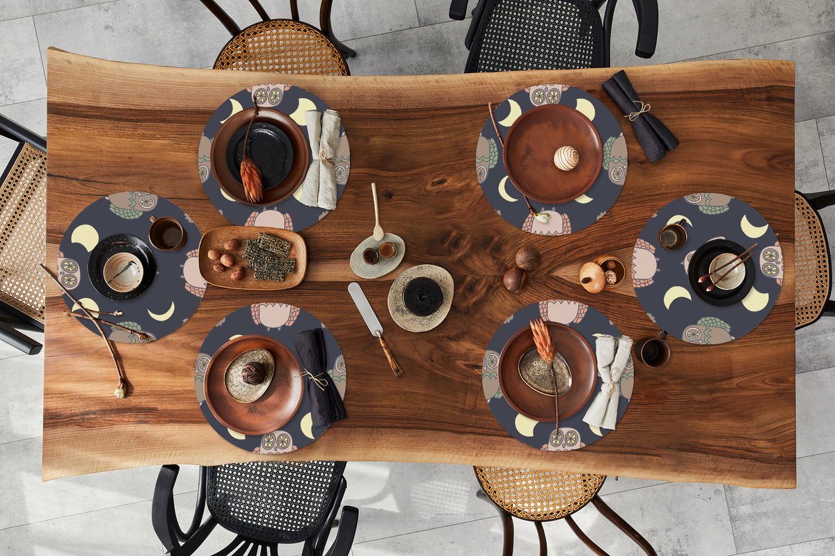 Ronde placemats - Onderlegger - Placemats rond - Uil - Patronen - Maan - 6 stuks