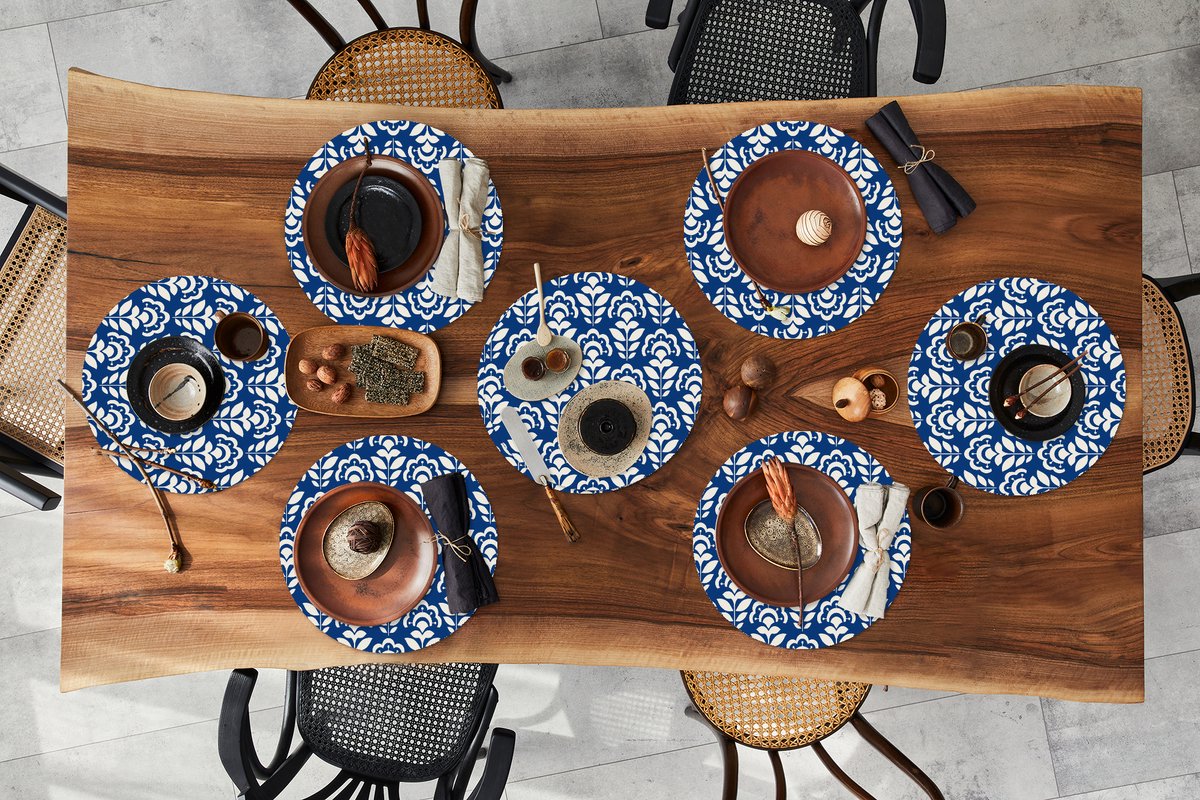Ronde placemats - Onderlegger - Placemats rond - Zonnebloem - Blauw - Design - 8 stuks