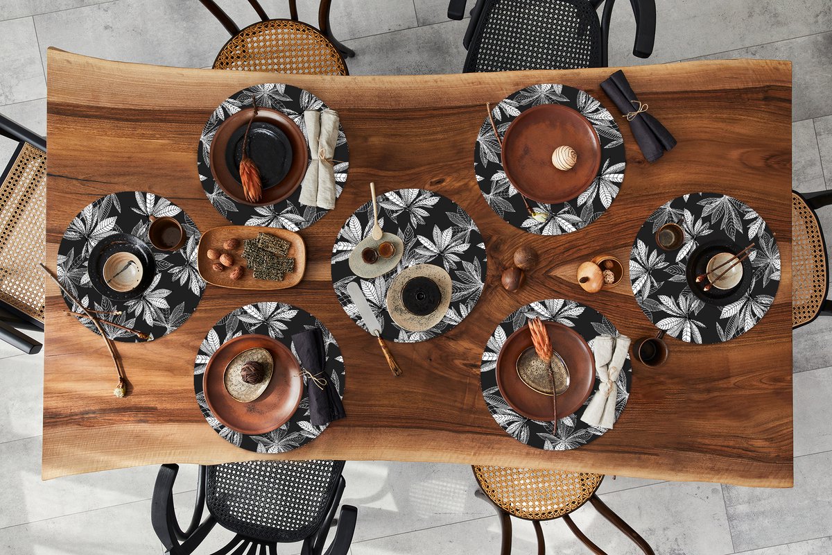Ronde placemats - Onderlegger - Placemats rond - Zwart - Wit - Patronen - Bladeren - Natuur - 8 stuks