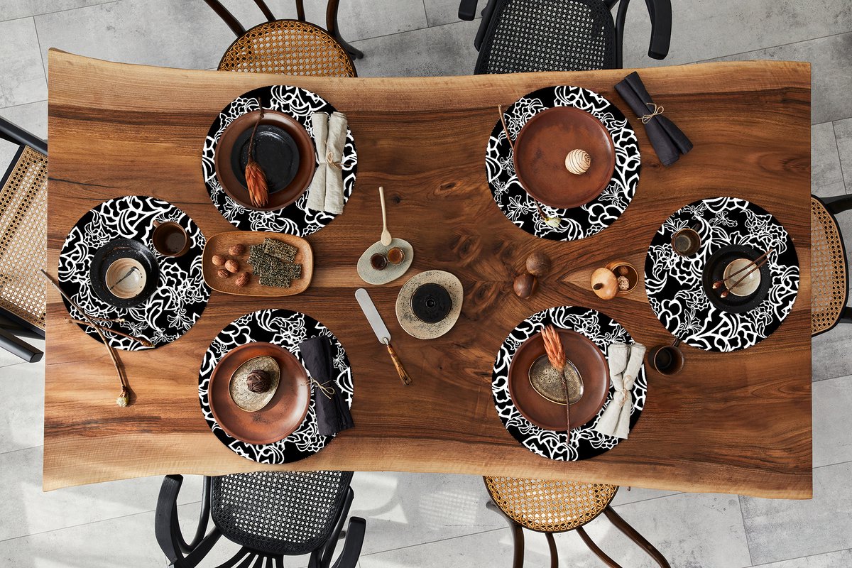 Ronde placemats - Onderlegger - Placemats rond - Patronen - Bloem - Zwart Wit - 6 stuks