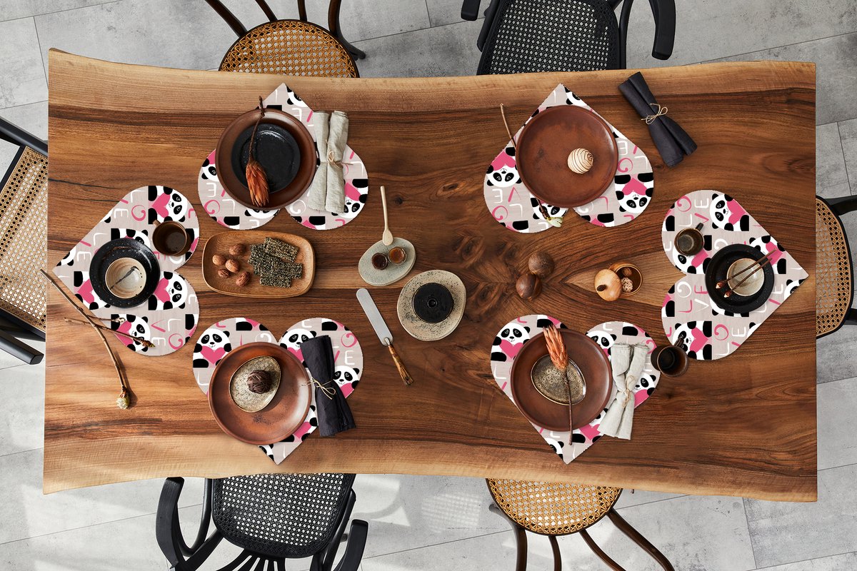 Onderleggers - Placemats - Placemats hartje - Hartjes - Panda - Patronen - 6 stuks