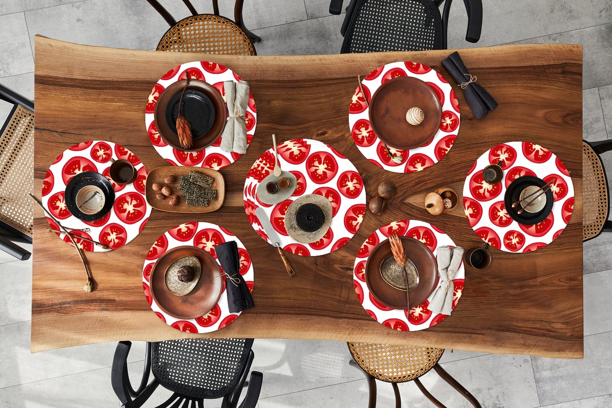 Ronde placemats - Onderlegger - Placemats rond - Tomaat - Patroon - Fruit - Groente - 10 stuks