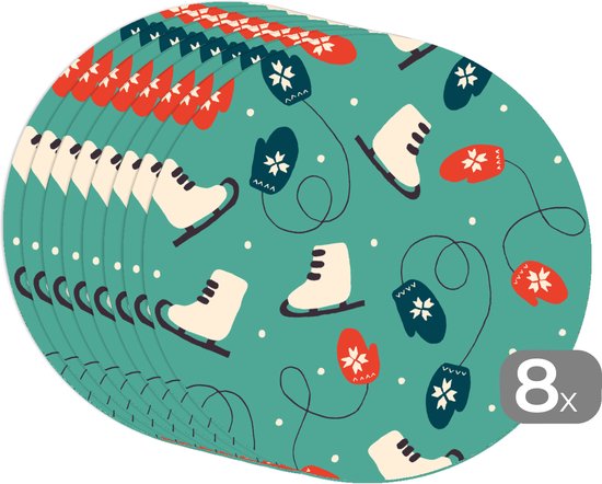 Sets de table ronds - Dessous de verre - Napperons ronds - Patinage - Hiver - Motifs - 8 pièces