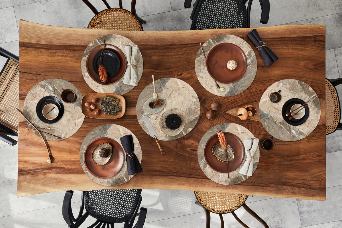 Ronde placemats - Onderlegger - Placemats rond - Graniet print - Geel - Bruin - Keien - 8 stuks