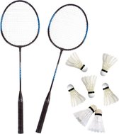 Badminton set blauw/zwart met 7x shuttles en opbergtas voor volwassenen