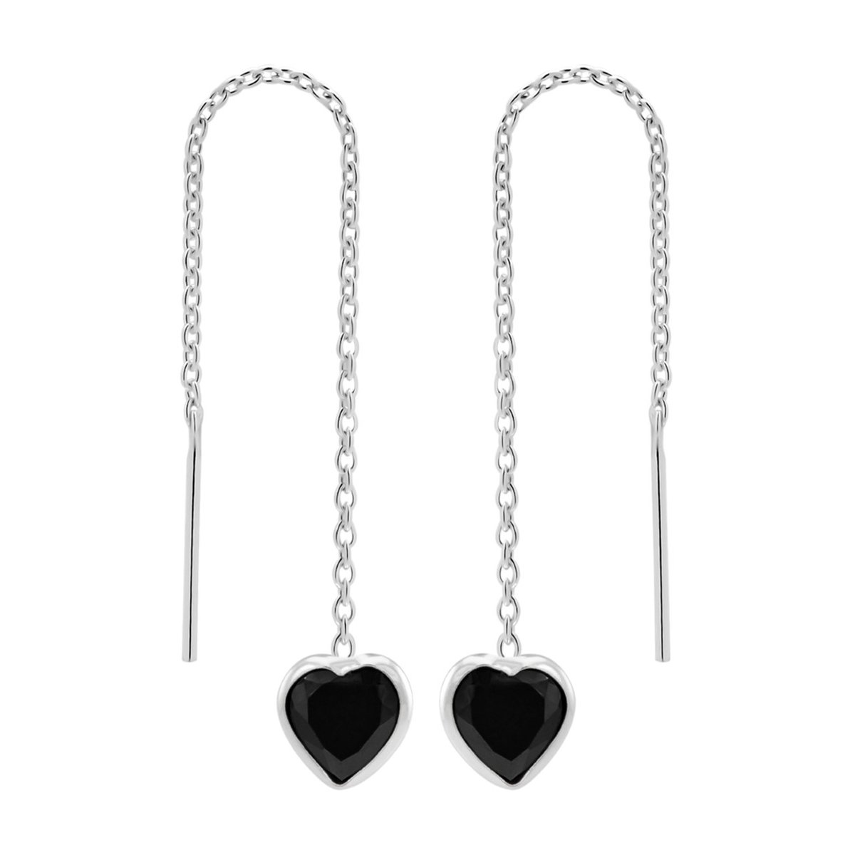 Zilveren oorbellen | Chain oorbellen | Zilveren chain oorbellen, zwart hart