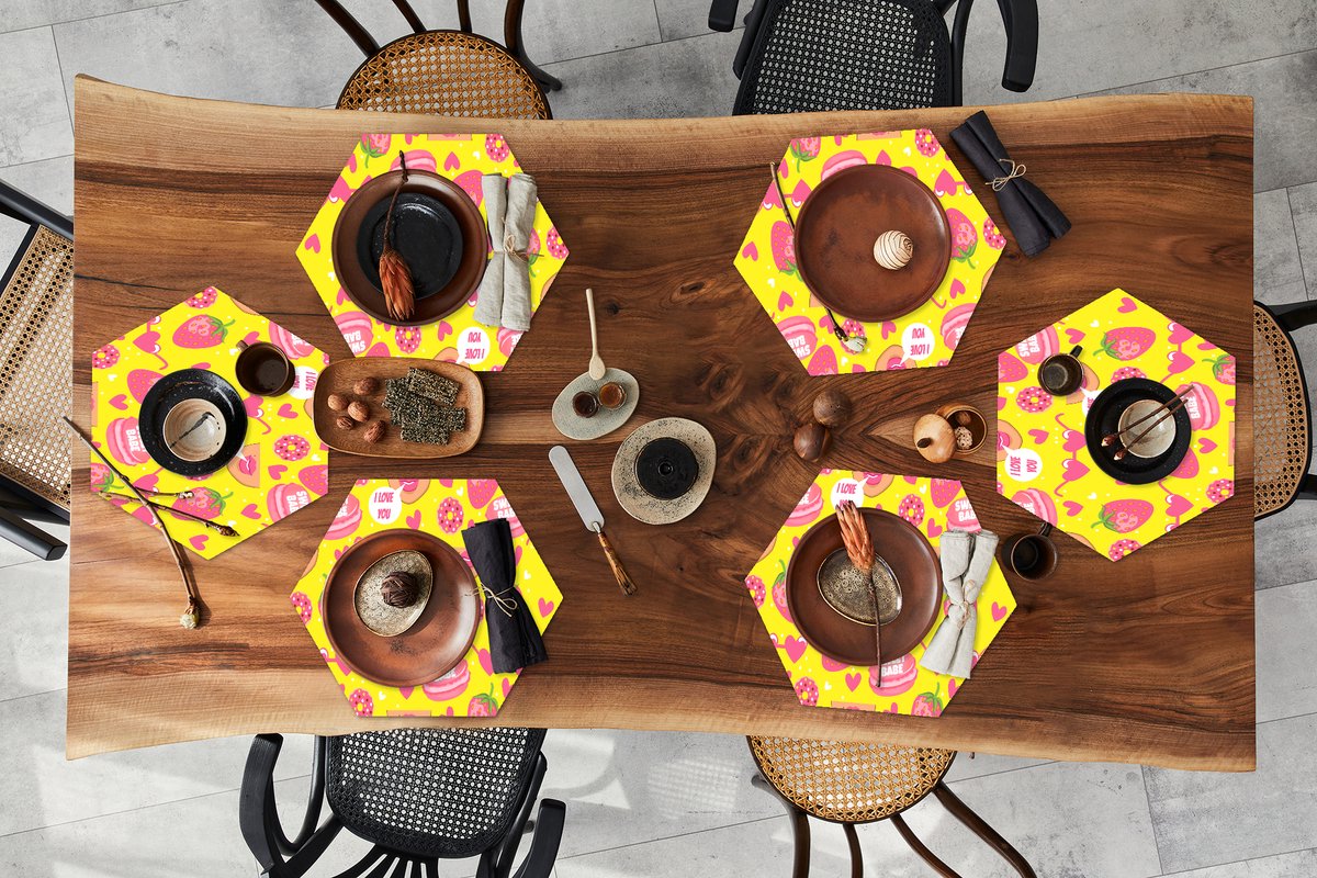 Placemats hexagon - Onderleggers placemats - Placemat zeshoek - Eten - Patroon - Roze - 6 stuks
