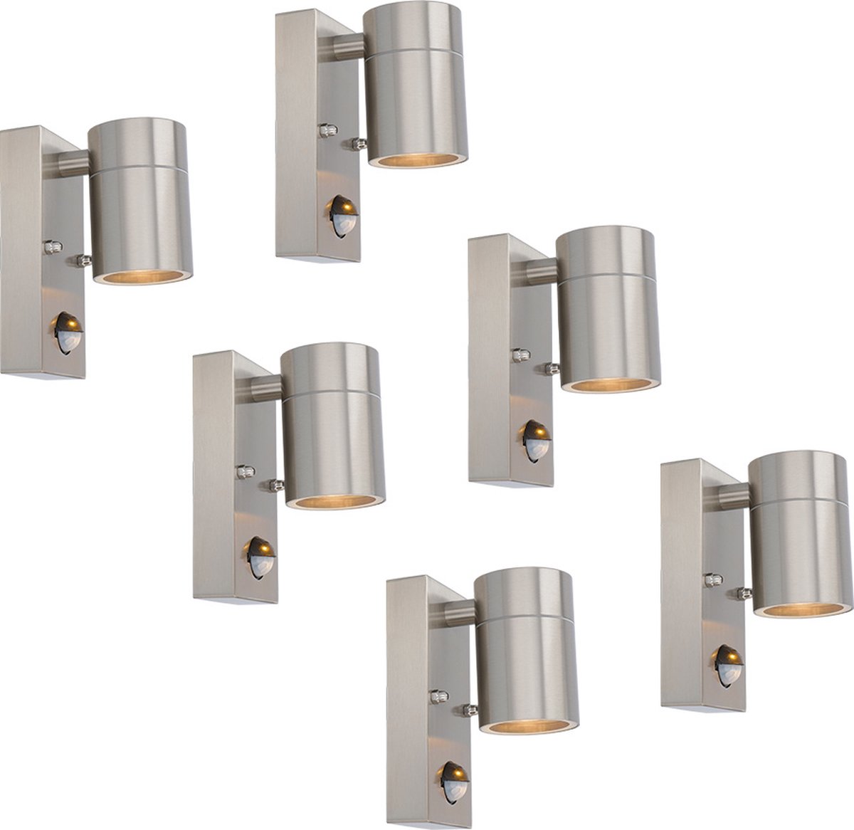 HOFTRONIC Set van 6 Mason Wandlampen - 2700K Warm Wit - Bewegingssensor en Schemerschakelaar - RVS - IP44 Waterdicht - Wandspot voor binnen en buiten