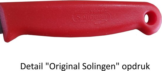 Detail van een rood Solingen mes handvat met de tekst 'Original Solingen'.