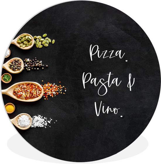 WallCircle - Wandcirkel ⌀ 120 - Pizza. Pasta & Vino. - Quotes - Eten - Specerijen - Spreuken - Ronde schilderijen woonkamer - Wandbord rond - Muurdecoratie cirkel - Kamer decoratie binnen - Wanddecoratie muurcirkel - Woonaccessoires XXL