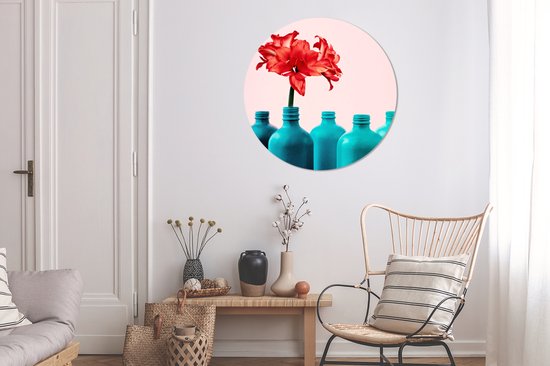 Fleurs d'Amaryllis rouges dans un vase bleu Assiette en plastique cercle mural - ⌀ 90 cm - peinture ronde - impression photo sur cercle mural en plastique (forex) / cercle vivant / (décoration murale)