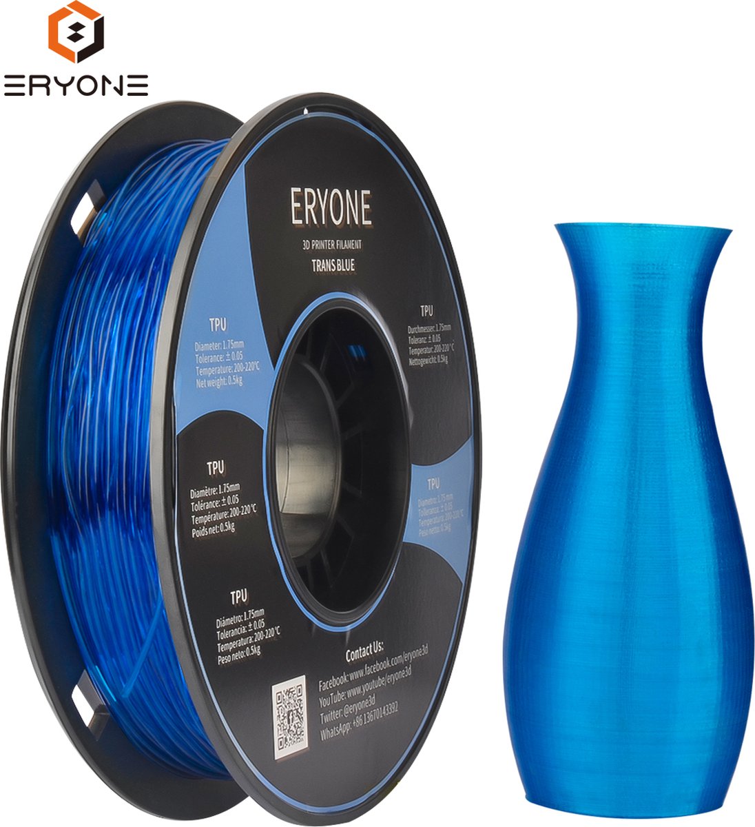 Eryone TPU Filament 1.75mm 500g Voor 3D Printer en 3D Pen Transparant Blauw