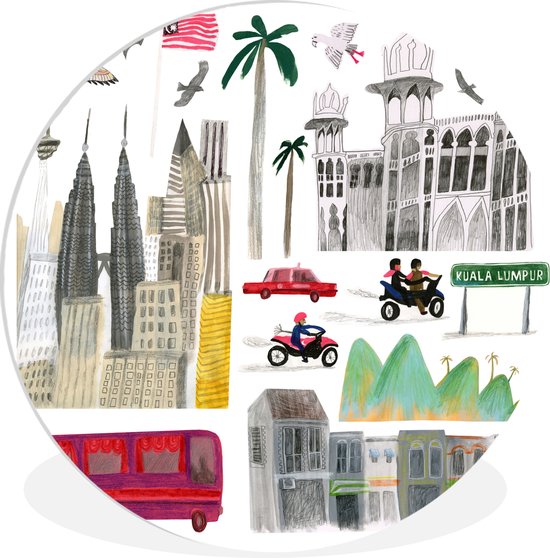 Une illustration des sites touristiques de Kuala Lumpur Assiette en plastique cercle mural ⌀ 60 cm - impression photo sur cercle mural / cercle vivant (décoration murale)