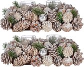 Set van 2x stuks kerst thema kaarsenhouders ornamenten silver/green nature 29 x 18 x 11 cm -Voor 2x kaarsjes - Tafel decoratie