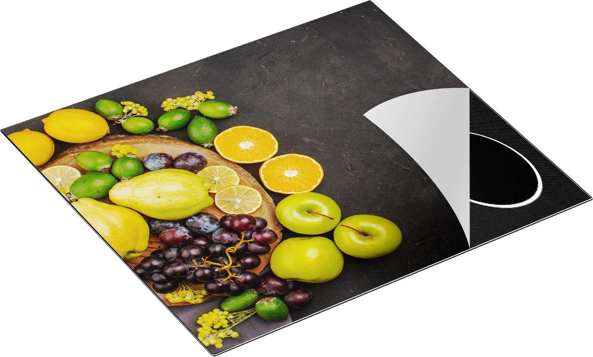 Chefcare Inductie Beschermer Fruit op Zwarte Marmer - 60x52 cm - Afdekplaat Inductie - Kookplaat Beschermer - Inductie Mat