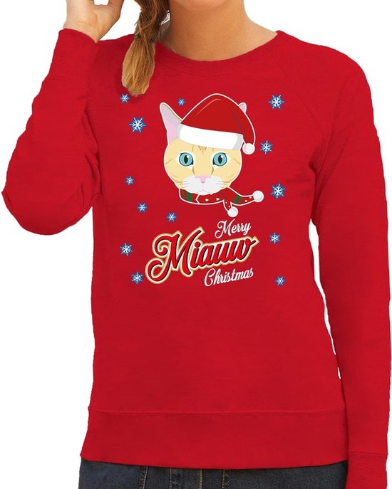 Foute Kersttrui / sweater - Merry Miauw Christmas - kat / poes - rood voor dames - kerstkleding / kerst outfit XL