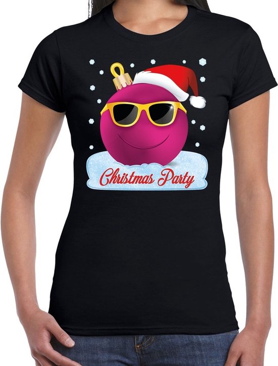 Fout kerst print t-shirt - zwart - Chirstmas party - roze coole kerstbal - dames - kerstkleding / christmas outfit - kersttruien XS