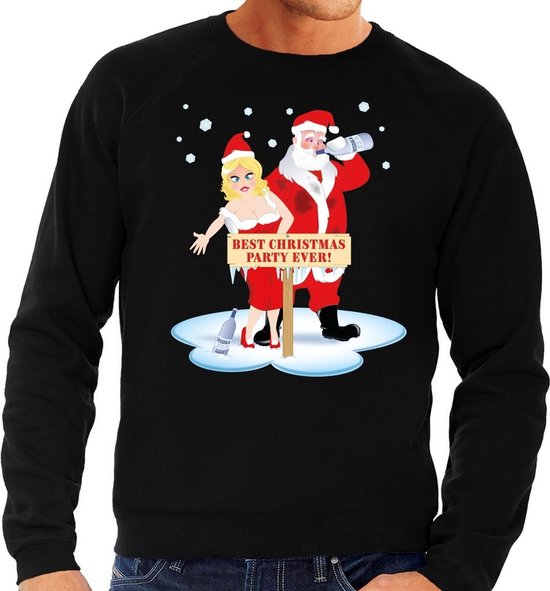 Foute kersttrui / sweater dronken kerstman en kerstvrouw na kerstborrel/ feest zwart voor heren - Kersttruien M