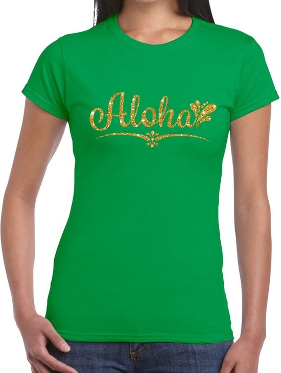 Hawaii verkleedkleding T-shirt - Aloha - groen - voor dames - met gouden letters XXL