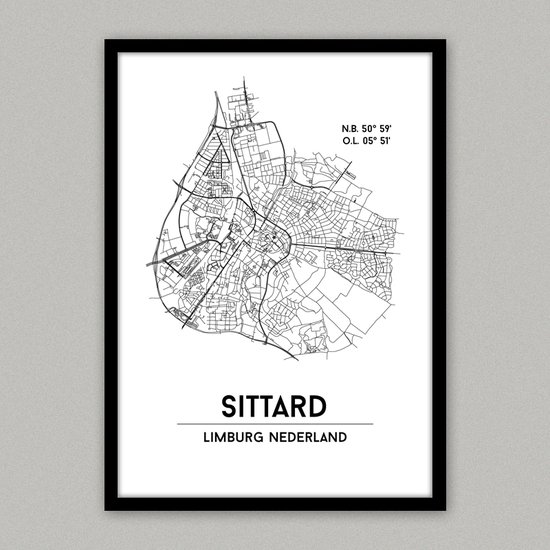 Sittard city poster, A4 zonder lijst, plattegrond poster, woonplaatsposter, woonposter