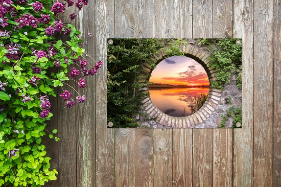 Affiche de jardin - Lac - Vue à travers - Soleil - Water - Toile de clôture - 60x40 cm - Peinture de jardin - Toile de jardin