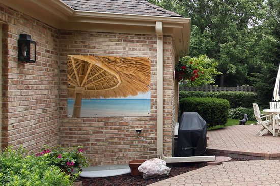 Affiche de jardin - Plage - Parasol - Roseau - Mer - Tropical - 120x90 cm - Affiche extérieure - Décoration murale Décoration de jardin Décoration murale- Toile jardin