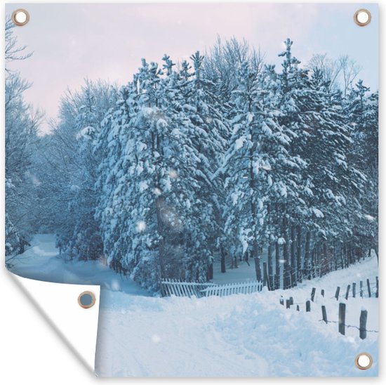 Affiche de jardin - Peinture de jardin Forêt - Hiver - Affiche de jardin - Neige - Décoration de jardin - Forêt - 100x100 cm - Toile de jardin - Affiche extérieure