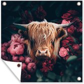 Tuinposter - Schotse hooglander - Tuin - Roze - Botanisch - Dieren - 100x100 cm - Tuindoek - Muurdecoratie