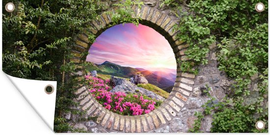 Affiche de jardin - Vue - Montagnes - Pierres - Coucher de soleil - Fleurs - 60x30 cm - Décoration de clôture - Peinture de jardin - Toile de jardin
