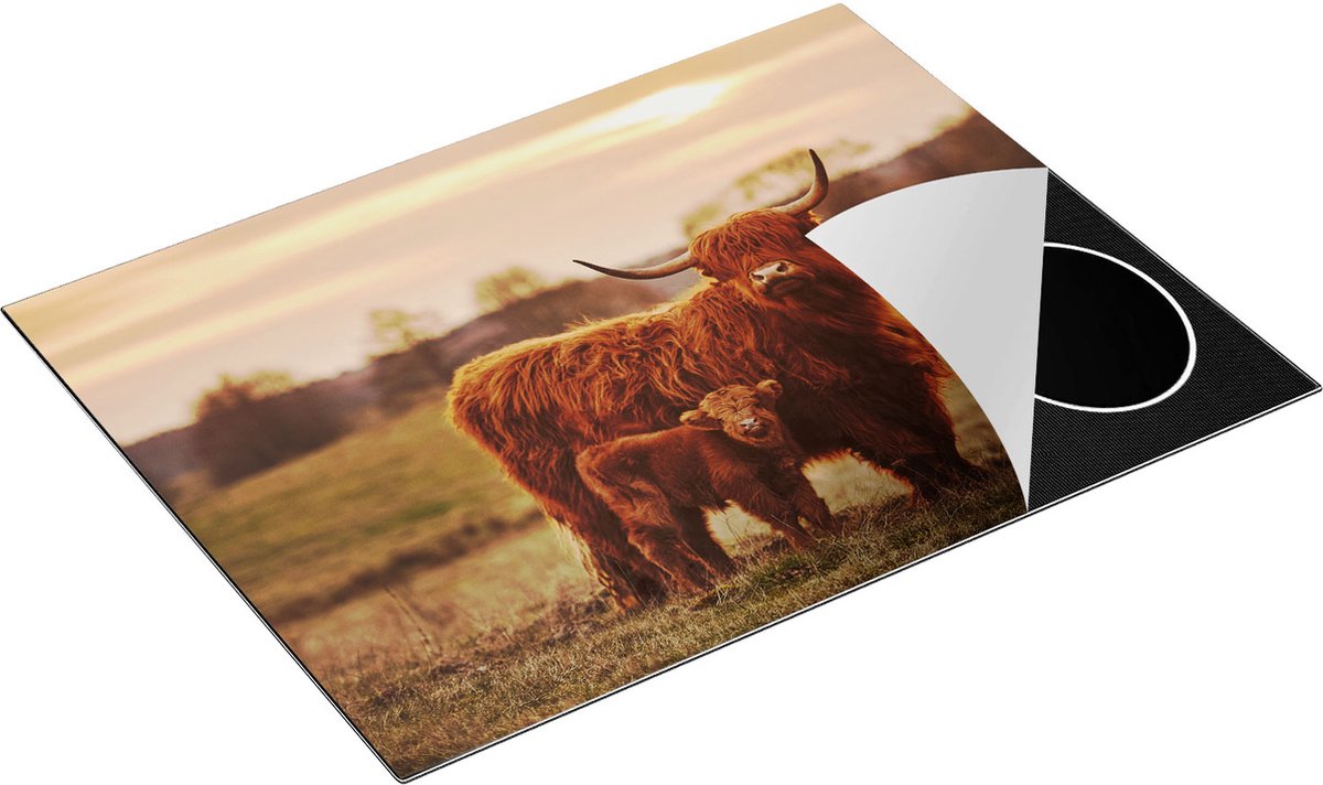 Chefcare Inductie Beschermer Schotse Hooglander Koe met haar Kalf - 77x59 cm - Afdekplaat Inductie - Kookplaat Beschermer - Inductie Mat