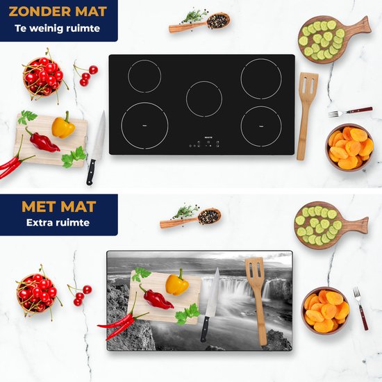 Chefcare Inductie Beschermer Watervallen in IJsland - Zwart Wit - 95x50 cm - Afdekplaat Inductie - Kookplaat Beschermer - Inductie Mat
