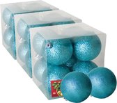 24x stuks kerstballen ijsblauw glitters kunststof diameter 7 cm - Kerstboom versiering