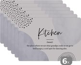 Placemat - Placemats kunststof - Spreuken - Quotes - Kitchen - Keuken definitie - Woordenboek - 45x30 cm - 6 stuks - Hittebestendig - Anti-Slip - Onderlegger - Afneembaar