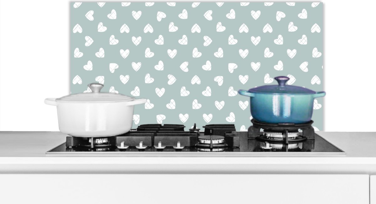 Spatscherm - Keuken achterwand - Keuken - Patronen - Hart - Groen - Wit - 90x45 cm - Spatwand