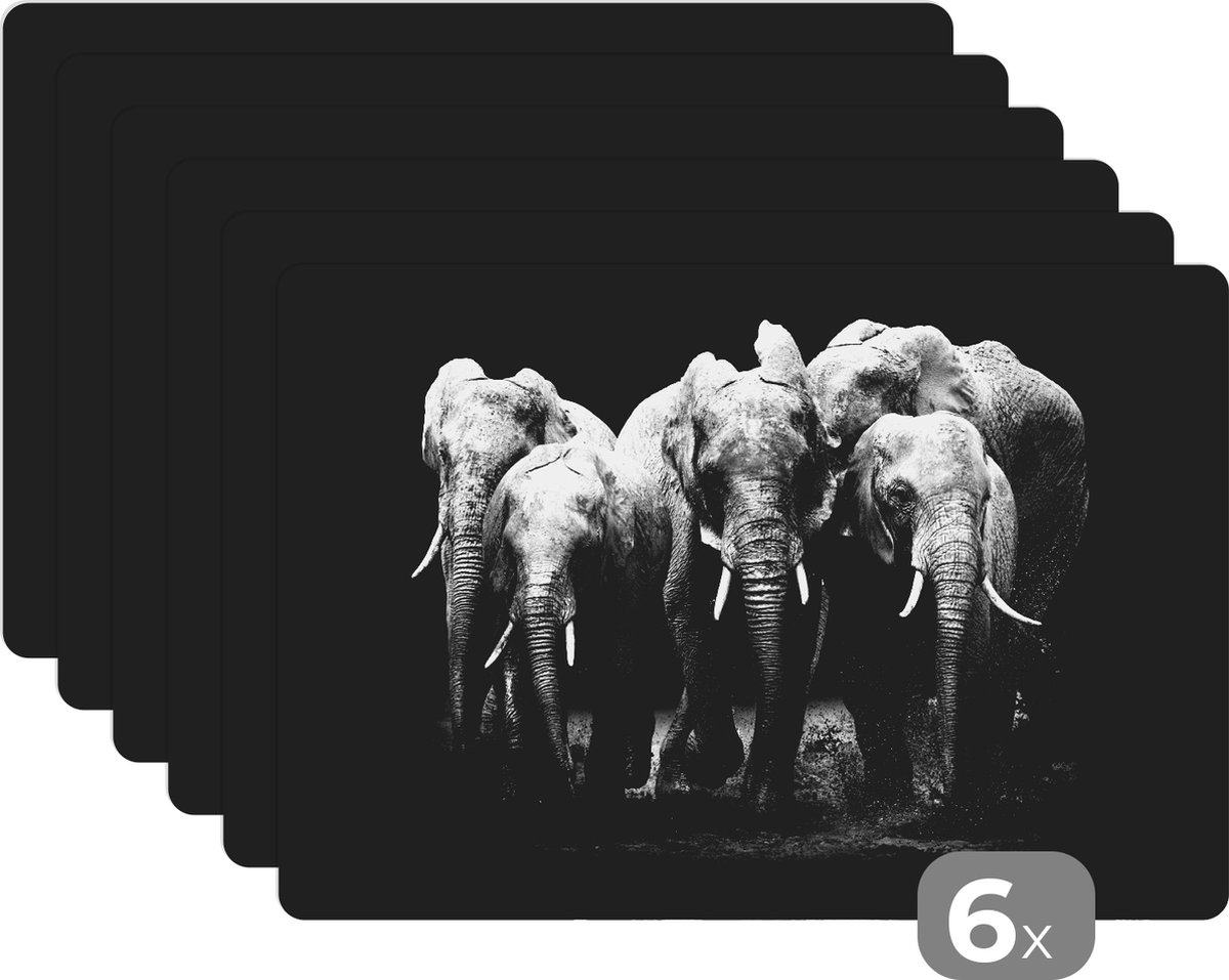Placemats - Dieren - Olifanten - Kudde - Zwart - Wit - Onderlegger - Eettafel - 45x30 cm - 6 stuks