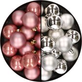 32x stuks kunststof kerstballen mix van oudroze en zilver 4 cm - Kerstversiering