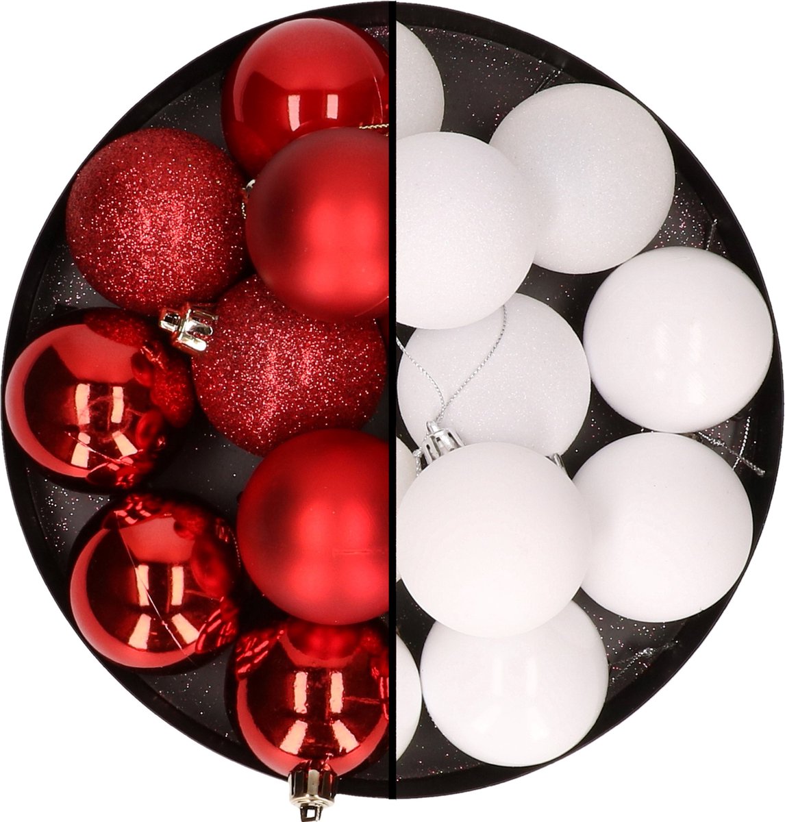 24 rode en witte kunststof kerstballen mix, 6 cm - Kerstversiering