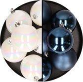 12x stuks kunststof kerstballen 8 cm mix van donkerblauw en parelmoer wit - Kerstversiering