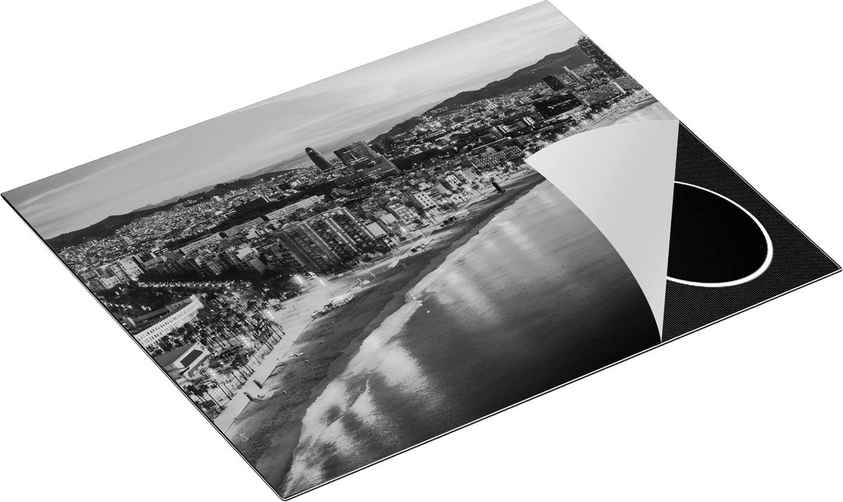 Chefcare Inductie Beschermer Barcelona Strand met Stad bij Zonsondergang - Zwart Wit - 65x50 cm - Afdekplaat Inductie - Kookplaat Beschermer - Inductie Mat