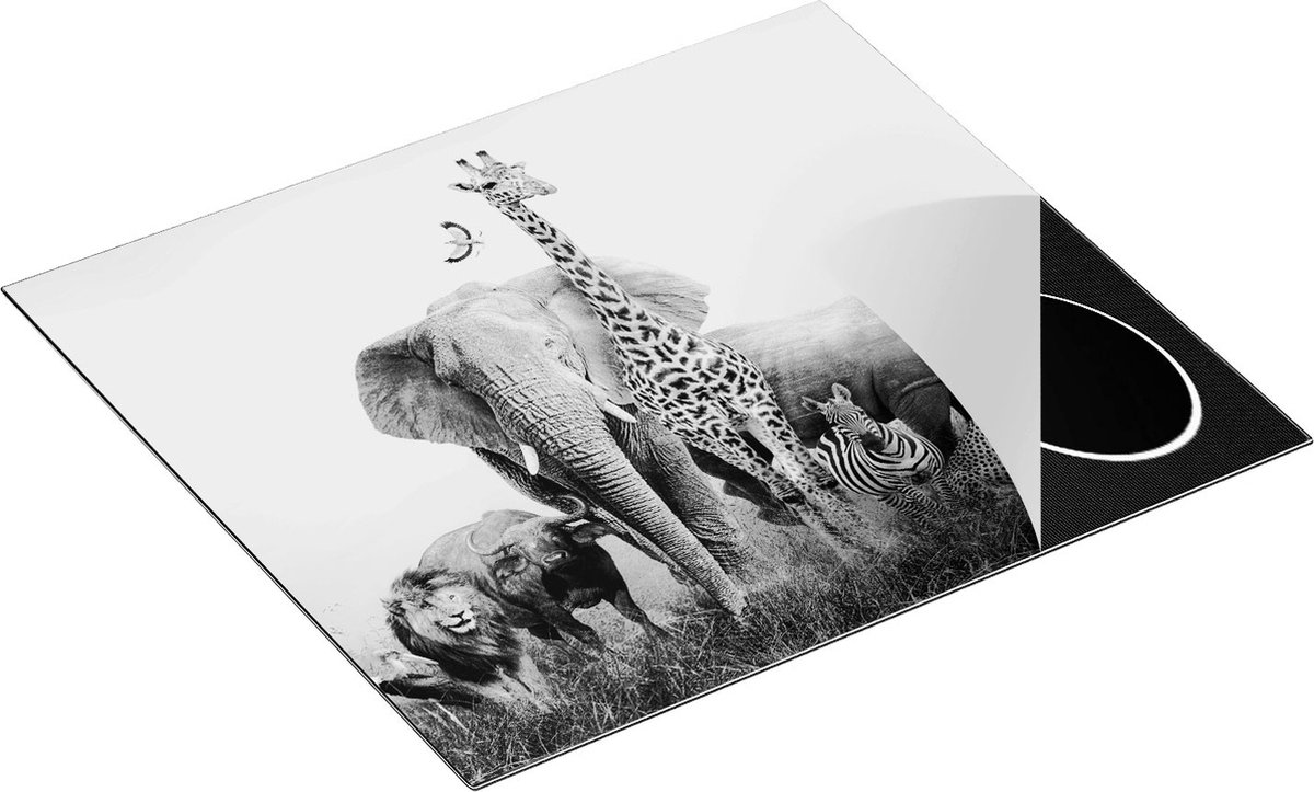 Chefcare Inductie Beschermer Afrikaanse Dieren op het Gras - Afrika - Zwart Wit - 59x52 cm - Afdekplaat Inductie - Kookplaat Beschermer - Inductie Mat