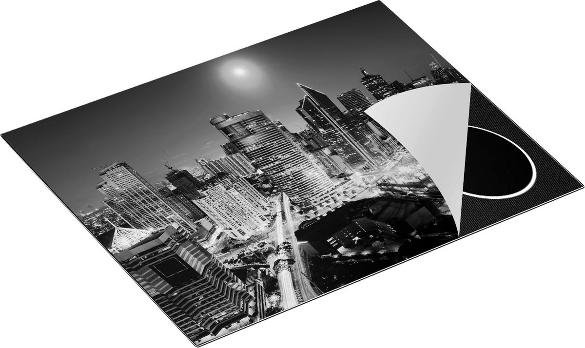 Chefcare Inductie Beschermer Makati Stad Skyline in de Nacht in Thailand - Zwart Wit - 65x52 cm - Afdekplaat Inductie - Kookplaat Beschermer - Inductie Mat