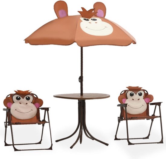 vidaXL Ensemble de meubles de jardin - Enfants - Acier/Tissu - Marron - Robuste - Pliable - Parasol - 105 cm - 50 cm - 38x28x50 cm - 29x23x26 ​​​​​​cm - Assemblage requis - Ensemble de jardin