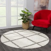 Hoogpolig Creme Rond Vloerkleed – Madrid Ruit Shaggy Tapijt – Fluffy & Luxe- 120 CM ROND